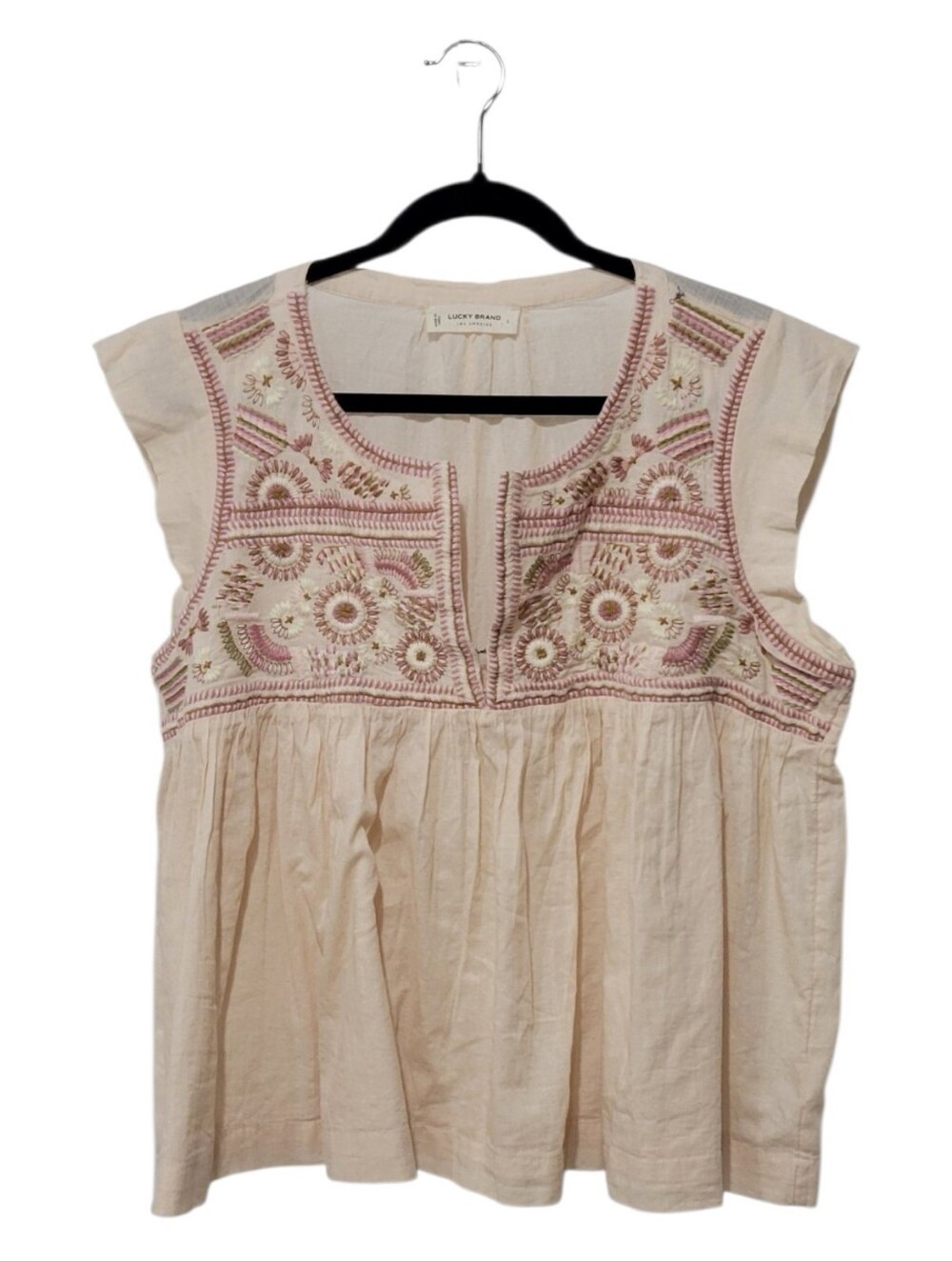LUCKY BRAND Embroidered Boho Peasant Top Large Pink Cream Cotton Babydoll